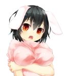  1girl alternate_breast_size animal_ears black_hair blush breast_hold breasts carrot gorilla_(bun0615) inaba_tewi jewelry large_breasts necklace open_mouth rabbit_ears red_eyes short_hair short_sleeves simple_background solo touhou white_background 