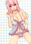  1girl babydoll breasts chemise cleavage food headphones large_breasts lingerie long_hair looking_at_viewer macaron midriff negligee nightgown nitroplus obybuss open_mouth panties pastry pink_hair red_eyes see-through smile solo super_sonico underwear 