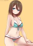  &gt;:d 1girl :d akky_(akimi1127) blue_eyes breasts brown_hair cleavage collarbone cowboy_shot front-tie_bikini front-tie_top grin hair_ornament hairclip highres kantai_collection large_breasts looking_at_viewer looking_to_the_side maya_(kantai_collection) midriff open_mouth orange_background pleated_skirt remodel_(kantai_collection) short_hair simple_background sketch skirt smile solo swimsuit twitter_username 