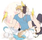  2boys bird black_hair blonde_hair bunnies caesar_anthonio_zeppeli cat feathers hair_feathers jojo_no_kimyou_na_bouken joseph_joestar_(young) kock_k multiple_boys 