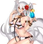  :d bikini breasts cleavage dragon_girl dragon_tail drinking_glass drinking_straw earrings flower food fruit hair_flower hair_ornament horns ice_cube jewelry katagiri_hachigou leash lemon lemon_slice long_hair looking_at_viewer nail_polish navel open_mouth orange_nails original simple_background slit_pupils smile solo swimsuit tail white_background white_bikini white_hair white_swimsuit yellow_eyes 