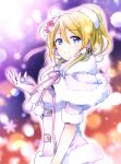  1girl ayase_eli blonde_hair blue_eyes gloves light_smile looking_at_viewer love_live!_school_idol_project ponytail snow_halation snowflakes solo white_gloves yuzucky 