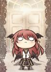  1girl ascot bat_wings blush book chibi head_wings koakuma long_hair looking_at_viewer nekoguruma o_o pointy_ears redhead skirt solo touhou vest wings 