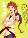  1girl bike_shorts braid brown_eyes brown_hair cameo crossover dougi ekubo_(ciaobero) fingerless_gloves gloves hand_on_hip headband hibiki_dan king_of_fighters long_hair ryuuko_no_ken single_braid small_breasts street_fighter thumbs_up yuri_sakazaki 