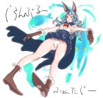 1girl animal_ears blue_hair boots breasts brown_eyes brown_gloves cape character_request from_below full_body gloves knee_boots long_hair panties pigeon-toed sash sideboob solo tetsu_(kimuchi) translation_request underwear upskirt white_panties 