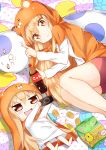  2girls barefoot blonde_hair chibi cola doma_umaru dual_persona hamster_costume handheld_game_console highres himouto!_umaru-chan long_hair lying multiple_girls on_back on_side orange_eyes pillow playstation_portable potato_chips smile sylphine very_long_hair 
