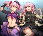  2girls ;d alternate_hairstyle bow breasts dual_persona gals_rock_ambivalence hair_bow hair_down hat holding_hands idolmaster idolmaster_cinderella_girls jewelry jougasaki_mika long_hair multiple_girls necklace neo-masterpeacer one_eye_closed open_mouth pink_hair smile thigh-highs twintails under_boob v v_over_eye yellow_eyes 
