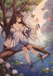  1girl black_hair butterfly dress feet_in_water flower highres lazuri7 long_hair lotus original ripples rose soaking_feet solo water 