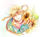  1boy akiae_(hayj14) blonde_hair caesar_anthonio_zeppeli facial_mark feathers fingerless_gloves flower gloves green_eyes hair_feathers headband jojo_no_kimyou_na_bouken solo sunflower 