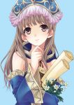  1girl atelier_(series) atelier_meruru atelier_totori blue_background brown_eyes brown_hair detached_collar detached_sleeves flower hairband long_hair smile solo totooria_helmold upper_body yuuki_(secret_angel) 