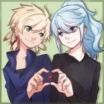  2boys alternate_hair_color blonde_hair blue_hair feathers green_eyes heart heart_hands heart_hands_duo lowres male_focus mikleo_(tales) multiple_boys ponytail smile sorey_(tales) spoilers tales_of_(series) tales_of_zestiria tusia violet_eyes yaoi 