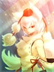  1girl animal_ears breasts detached_sleeves hat inubashiri_momiji looking_at_viewer midriff pom_pom_(clothes) red_eyes ribbon-trimmed_sleeves ribbon_trim short_hair silver_hair solo tail tokin_hat touhou wolf_ears wolf_tail 