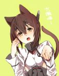  1girl animal_ears brown_hair esu fang kantai_collection kemonomimi_mode open_mouth solo taihou_(kantai_collection) tail translation_request yellow_eyes 