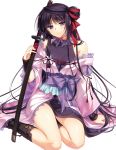  1girl arm_support black_hair boots breasts frilled_kimono frills hair_bun hair_ribbon ignis_no_meiyaku_kishi japanese_clothes katana kimono knee_boots light_smile long_hair obi red_ribbon ribbon sash sheath sheathed side_bun simple_background sitting solo sword very_long_hair violet_eyes weapon white_background yasaka_minato yokozuwari 