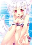  1girl animal_ears bikini blush breasts character_name cleavage collarbone hair_ornament hairclip hikanyan inubashiri_momiji looking_at_viewer open_mouth red_eyes short_hair silver_hair sitting smile solo swimsuit tail touhou wolf_ears wolf_tail 