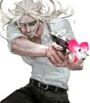  :d ao666 beard belt blonde_hair blue_eyes bullet cigarette cowboy_shot eyepatch facial_hair gangsta gun handgun heart long_hair lowres m1911 open_mouth pants pistol shirt simple_background smile smoking weapon white_background white_shirt worick_arcangelo 