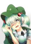  1girl :d backpack bag bespectacled blue_eyes breasts glasses green_hair hair_bobbles hair_ornament hat headset highres kawashiro_nitori large_breasts one_eye_closed open_mouth puffy_short_sleeves puffy_sleeves short_sleeves simple_background smile solo touhou two_side_up upper_body white_background 