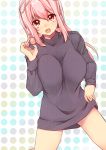  1girl breasts food headphones large_breasts long_hair looking_at_viewer macaron naked_sweater nitroplus obybuss open_mouth pastry pink_hair red_eyes ribbed_sweater smile solo super_sonico sweater turtleneck turtleneck_sweater 