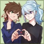  2boys blue_hair brown_hair feathers green_eyes heart heart_hands heart_hands_duo lowres male_focus mikleo_(tales) multiple_boys ponytail smile sorey_(tales) spoilers tales_of_(series) tales_of_zestiria tusia violet_eyes yaoi 