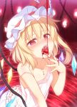  1girl alternate_costume blonde_hair blood blush fangs flandre_scarlet hat highres long_hair mob_cap open_mouth racer_(magnet) red_eyes side_ponytail solo strap_slip tongue tongue_out touhou vampire wings 