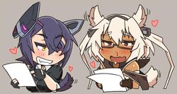  2girls bare_shoulders blood blush chibi collar dark_skin dog_tail eyebrows eyepatch fangs fingerless_gloves glasses gloves hair_ears headgear heart kantai_collection mikoyan multiple_girls musashi_(kantai_collection) nosebleed orange_eyes pointing purple_hair saliva short_hair sleeves_folded_up smirk tail tail_wagging tenryuu_(kantai_collection) thick_eyebrows two_side_up wavy_mouth white_hair yellow_eyes 