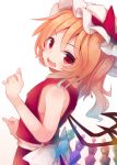  1girl beni_shake blonde_hair blush fang flandre_scarlet looking_at_viewer open_mouth red_eyes short_hair side_ponytail simple_background sleeveless smile solo touhou white_background wings 