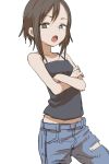  1girl belt black_eyes black_hair crossed_arms denim jeans looking_at_viewer open_mouth original pants short_hair simple_background solo torn_clothes torn_jeans white_background yamamoto_souichirou 