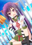  :d bandaid blue_sky blush ebisuzawa_kurumi fang fence fingerless_gloves gakkou_gurashi! gloves knee_pads open_mouth outdoors purple_hair ragho_no_erika school_uniform shoes shovel sitting skirt sky smile socks star striped twintails violet_eyes worktool 