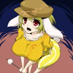  1girl animal_ears beret blonde_hair breasts bunny_tail collarbone dango fang food from_above hat large_breasts legacy_of_lunatic_kingdom oro_(zetsubou_girl) rabbit_ears red_eyes ringo_(touhou) solo tail touhou wagashi 