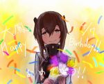  1girl blush bouquet brown_hair confetti english flower happy happy_birthday happy_tears kantai_collection looking_at_viewer ninja_neco smile solo taihou_(kantai_collection) tears translation_request 