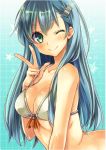  1girl bare_shoulders bikini breasts cleavage green_eyes green_hair hair_ornament hairclip kantai_collection long_hair looking_at_viewer mikipa one_eye_closed smile solo suzuya_(kantai_collection) swimsuit upper_body w white_bikini white_swimsuit 