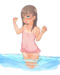  1girl arms_up blush brown_hair child covered_navel fang green_eyes highres long_hair one-piece_swimsuit open_mouth original pink_swimsuit simple_background solo swimsuit tan tanline wading water wet white_background 