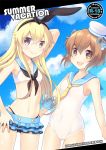  2girls blonde_hair brown_eyes brown_hair clouds cover cover_page covered_navel cowboy_shot doujin_cover hairband hand_up hat kantai_collection long_hair multiple_girls nail_polish navel one-piece_swimsuit open_mouth sailor_collar shimakaze_(kantai_collection) short_hair sky smile swimsuit tsukimochikuriko_(tsukimochi_k) yellow_eyes yukikaze_(kantai_collection) 