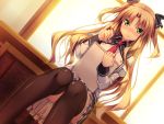  1girl artist_request black_legwear blonde_hair blush character_request copyright_request dutch_angle green_eyes hair_ribbon holding long_hair long_sleeves nose_blush notebook pencil pleated_skirt ribbon sitting skirt solo thigh-highs two_side_up window 