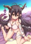  1girl bandages bikini black_hair blush breasts cleavage crystal danua granblue_fantasy horn_ornament horns large_breasts long_hair looking_at_viewer pointy_ears red_eyes satomura_kyou sitting solo swimsuit wariza 