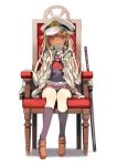  1girl :3 black_legwear blonde_hair blush chair hair_ornament hairclip hat kantai_collection katana loafers looking_at_viewer military military_uniform naval_uniform peaked_cap red_eyes remodel_(kantai_collection) scarf school_uniform serafuku shino_(eefy) shoes sitting smile solo sword uniform weapon white_background yuudachi_(kantai_collection) 