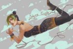  birthmark black_hair character_name clouds double_bun dress dutch_angle folie_(cac82622) green_eyes green_hair halterneck high_heels highres joestar_birthmark jojo_no_kimyou_na_bouken kuujou_jolyne lying on_stomach pantyhose star string wristband 