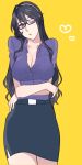  1girl ashigara_(kantai_collection) bespectacled black_hair breasts brown_eyes casual cleavage crossed_arms glasses hairband head_tilt kantai_collection large_breasts long_hair one_eye_closed skirt solo u_rei_3 wavy_hair 
