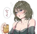  1girl beer_can blue_eyes blush breasts cleavage collarbone green_eyes grey_hair heterochromia hiccup hyouzou_(xghsnx) idolmaster idolmaster_cinderella_girls mole mole_under_eye official_art open_mouth simple_background solo takagaki_kaede white_background 