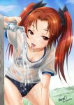  1girl artist_name bent_over blush bra buruma clouds cloudy_sky drinking faucet girls_und_panzer gym_uniform hair_ribbon haruhata_mutsuki kadotani_anzu outdoors red_eyes redhead ribbon see-through shirt signature sky solo standing twintails underwear wet wet_clothes wet_shirt white_shirt 