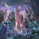  1girl aircraft boots building clouds denki dutch_angle floating_hair headphones long_hair multiple_moons night original plant pleated_skirt potted_plant purple_hair scenery science_fiction skirt sky skyscraper solo thigh-highs wind 