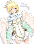  1girl angel angel_wings arms_behind_back artist_request blonde_hair blue_eyes character_name cowboy_shot dated dutch_angle halo highres niel_(sennen_sensou_aigis) sennen_sensou_aigis short_hair white_background wings 