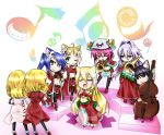  6+girls :&lt; aeolian_achtelnote albireo_(yumekui_merry) animal_ears black_hair black_legwear blonde_hair blue_hair boots bow cat_ears cello christmas clione curled_up elbow_gloves engi_threepiece flute fur_trim gloves green_eyes grin instrument ionian_achtelnote long_hair merry_nightmare midriff multiple_girls musical_note open_mouth orchestra ponytail purple_hair rana_(yumekui_merry) red_eyes santa_costume sappaz short_hair singing smile spica_(yumekui_merry) striped striped_legwear sweatdrop trombone trumpet very_long_hair violet_eyes violin yellow_eyes yumekui_merry 