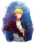  1boy amputee blonde_hair blood fate/stay_night fate_(series) flower gilgamesh ninee red_eyes red_rose rose solo 