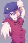  1girl ankoro_taro hat miyako_yoshika ofuda one_eye_covered outstretched_arms purple_hair smile solo star touhou violet_eyes 