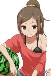  1girl breasts brown_eyes brown_hair cleavage collarbone food fruit hair_ornament hairclip highres looking_at_viewer off_shoulder original ponytail simple_background smile solo watermelon white_background yamamoto_souichirou 