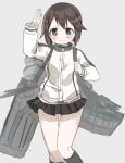  1girl :d artist_request black_hair grey_eyes hayasui_(kantai_collection) kantai_collection long_sleeves miniskirt open_mouth pleated_skirt short_hair simple_background skirt smile solo turtleneck white_background zipper 