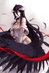  1girl absurdres ahoge albedo bare_shoulders black_hair black_wings demon_girl dress feathered_wings feathers finger_to_mouth gloves hfp～kubiao highres horns long_hair overlord_(maruyama) solo very_long_hair white_dress white_gloves wings yellow_eyes 