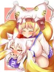  2girls animal_ears blonde_hair blush breasts closed_eyes fox_tail hat highres inubashiri_momiji multiple_girls multiple_tails open_mouth red_eyes short_hair smile tabard tail tokin_hat touhou white_hair wildcat_(kusonemi) wolf_ears wolf_tail yakumo_ran 