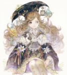  1girl backlighting bird blue_eyes brown_hair commentary curly_hair earrings fantasy flower hat jewelry long_hair looking_to_the_side monocle original pantyhose planet robe sitting white_background yogisya 